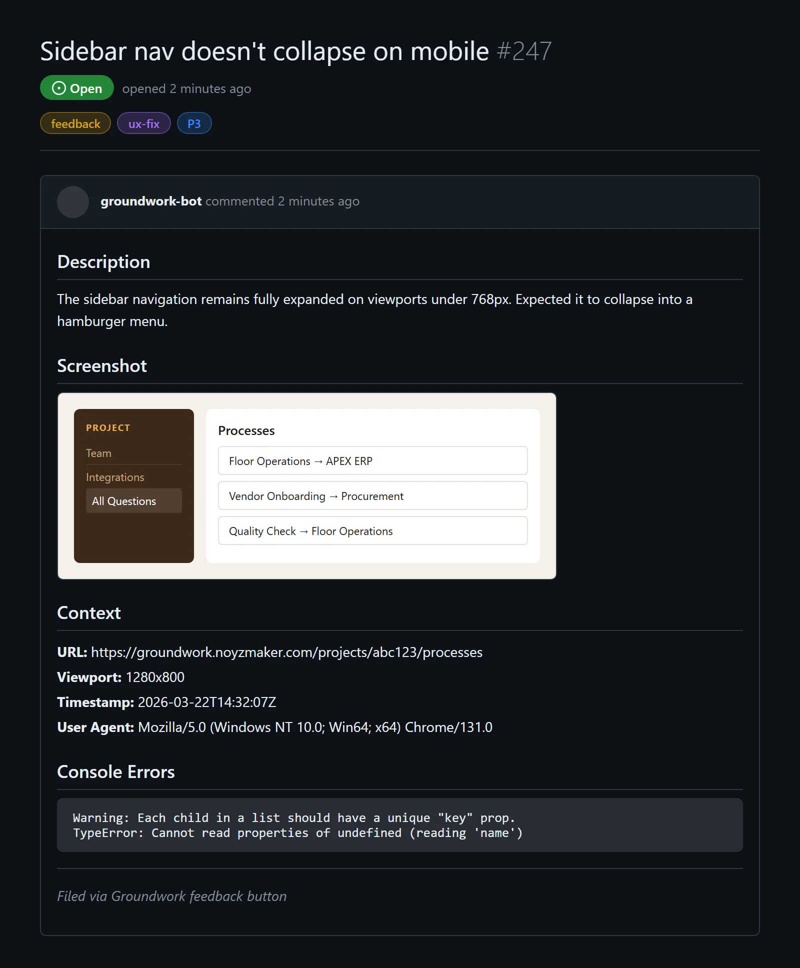 GitHub issue with all context